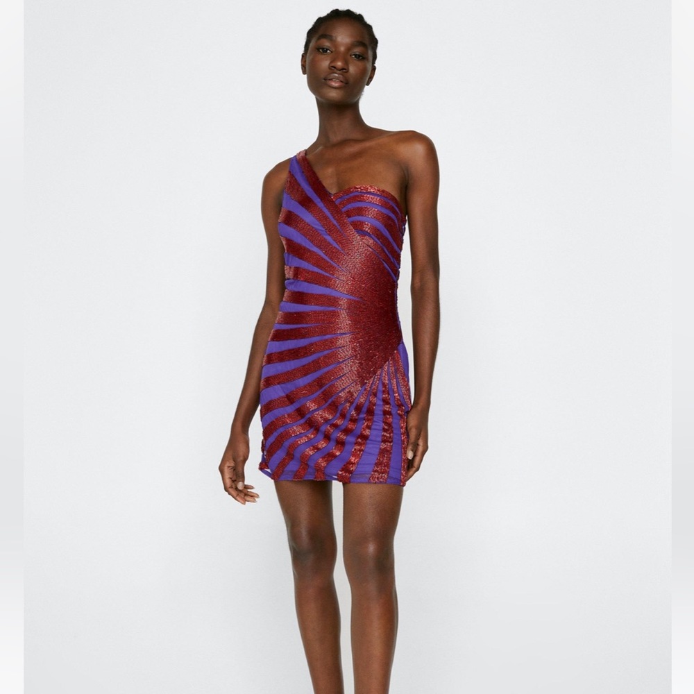 Nasty Gal One Shoulder Spiral Sequin Mini Dress US 12 red NWT - Picture 2 of 16